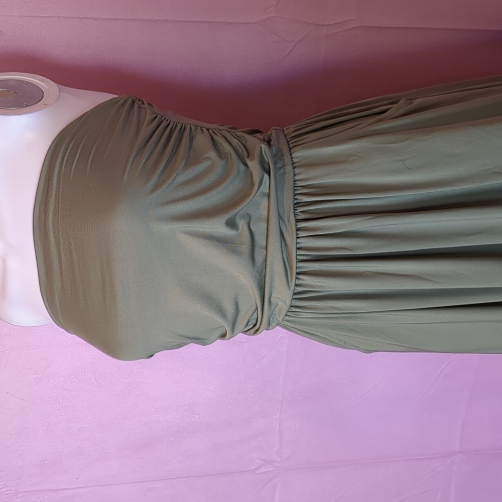 Army Green Strapless Tube Jersey Knit Ruched Bodice Stretchy Maxi Dress - Picture 2 of 8